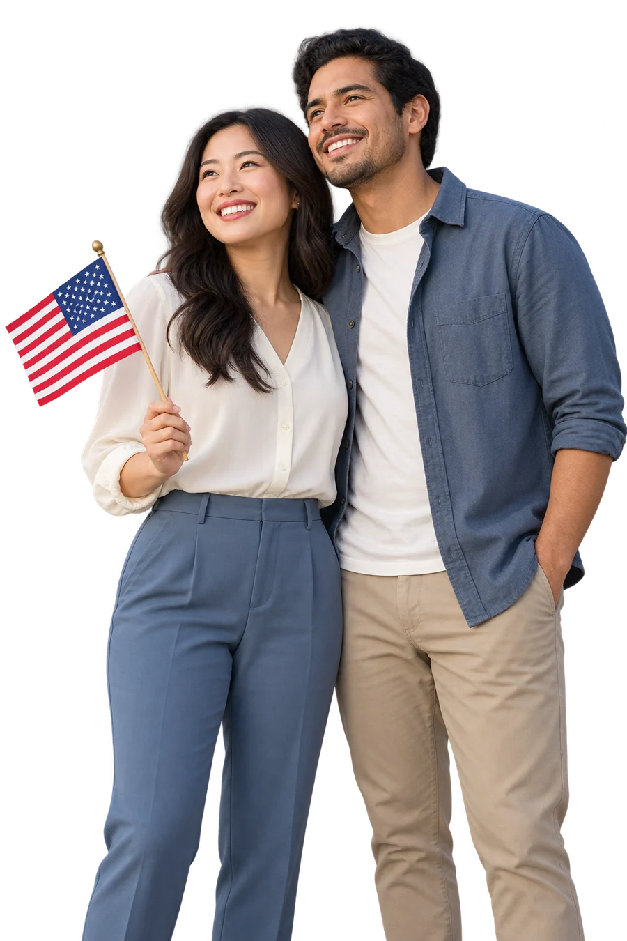 A happy young couple looking ahead together with an American flag