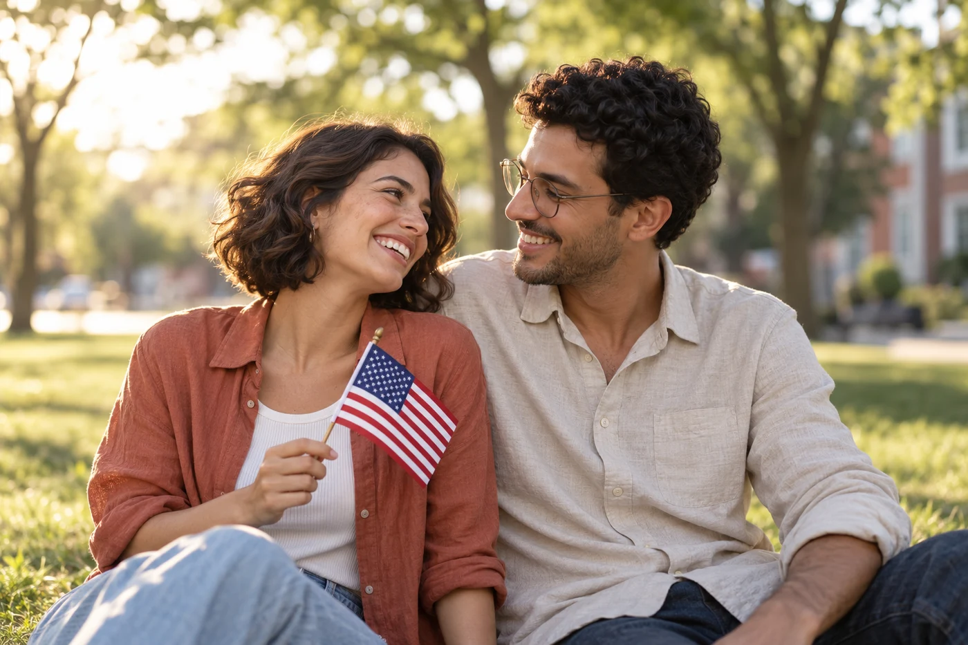 A young couple smiling together outdoors with an American flag