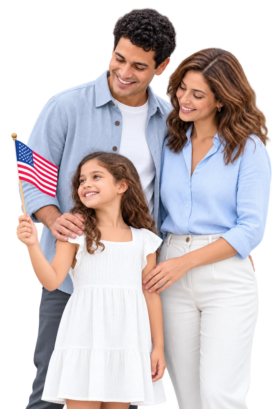 A family smiling together while their daughter holds an American flag